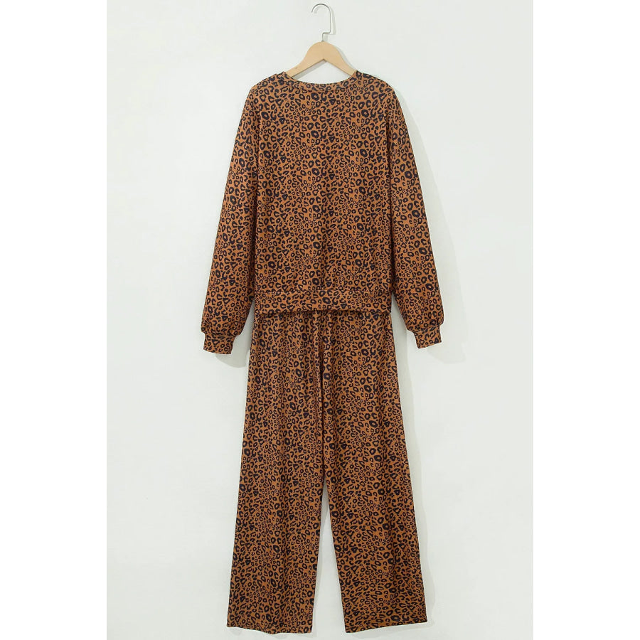 Leopard Print Long Sleeve Top Relaxed Pant Set Apparel and Accessories