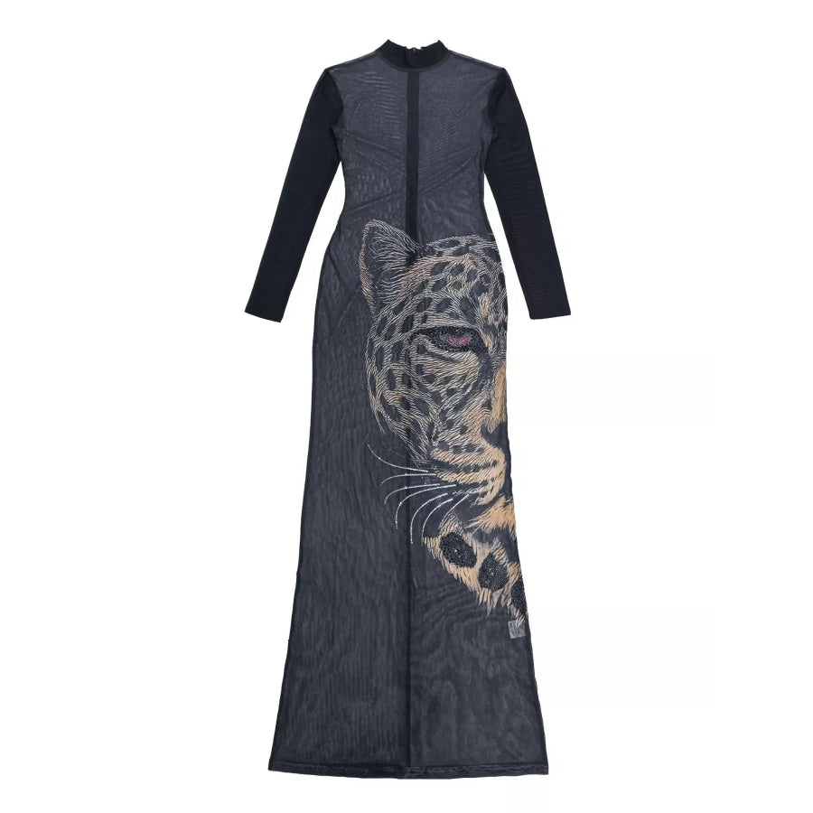 Leopard Print Mesh Long Sleeve Maxi Dress Apparel and Accessories