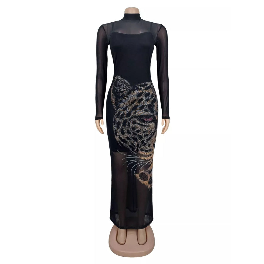 Leopard Print Mesh Long Sleeve Maxi Dress Apparel and Accessories