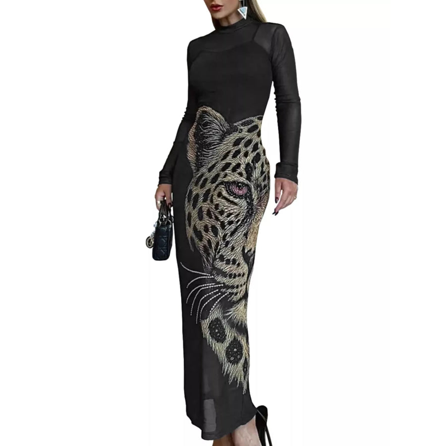 Leopard Print Mesh Long Sleeve Maxi Dress Apparel and Accessories