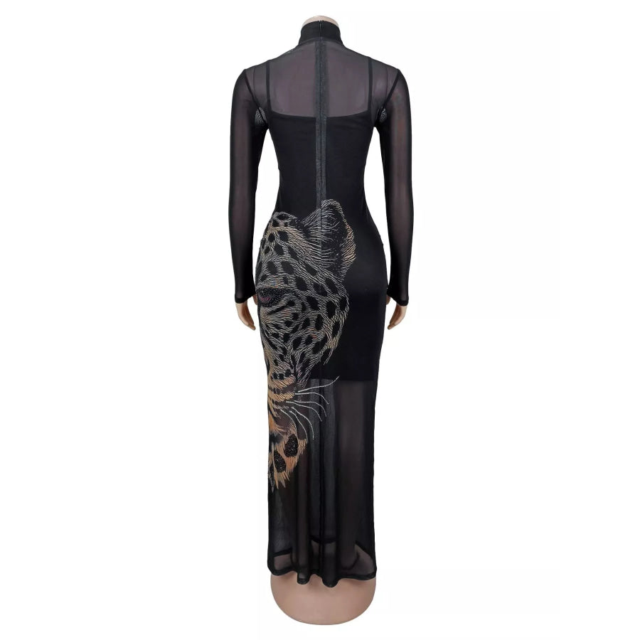 Leopard Print Mesh Long Sleeve Maxi Dress Apparel and Accessories