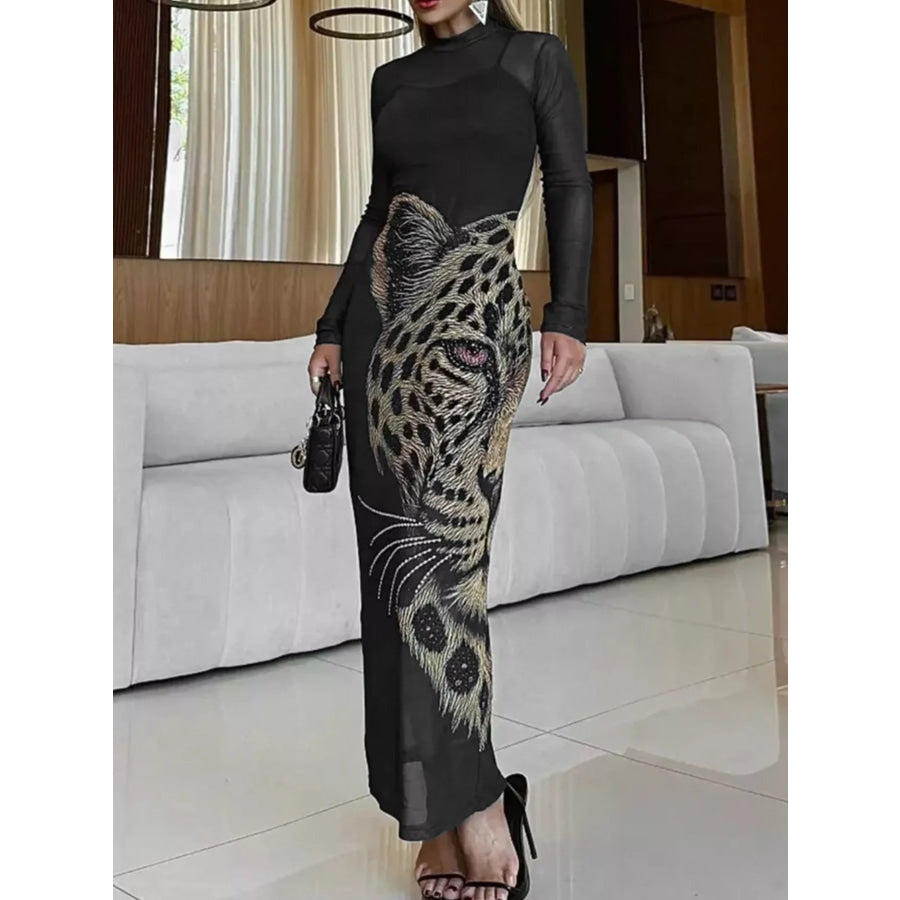 Leopard Print Mesh Long Sleeve Maxi Dress Black / S Apparel and Accessories