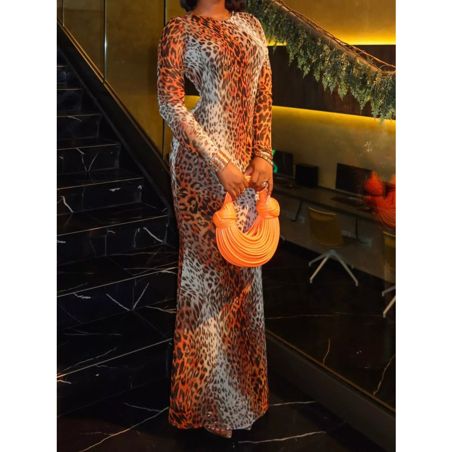 Leopard Print Mesh Maxi Dress Apparel and Accessories