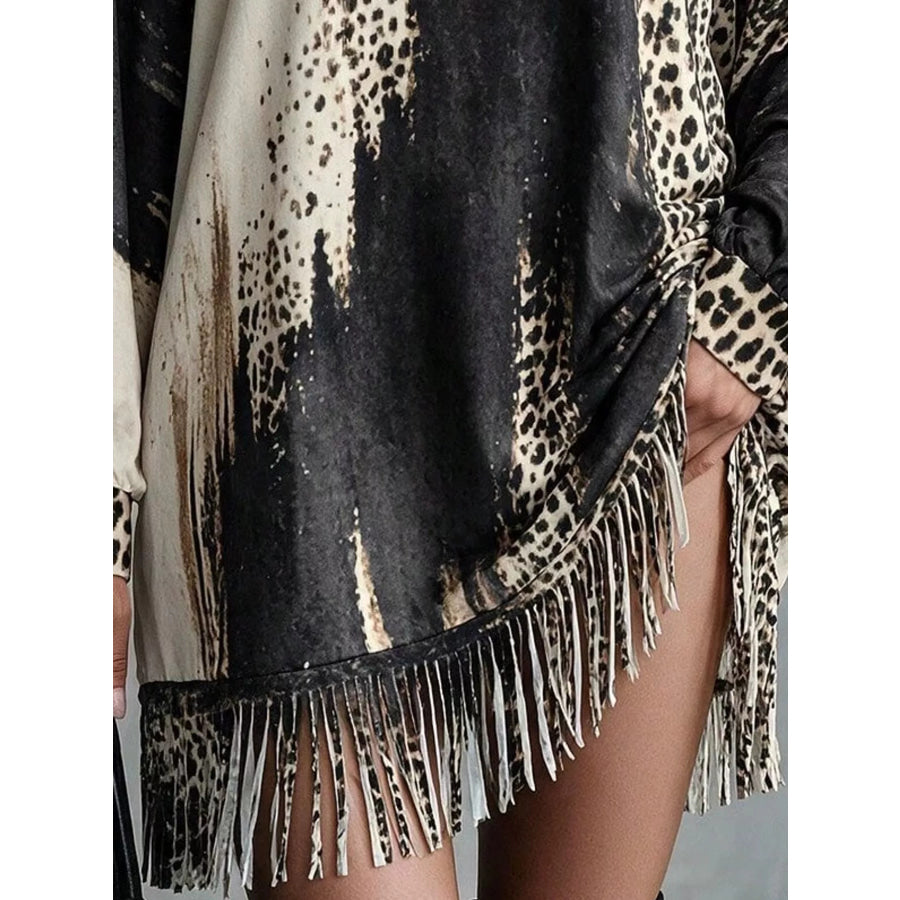 Leopard Print Mock Neck Fringe Hem Mini Dress Apparel and Accessories