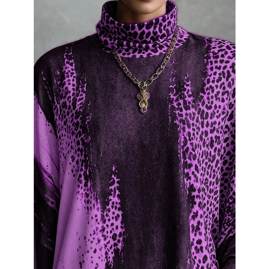 Leopard Print Mock Neck Fringe Hem Mini Dress Apparel and Accessories