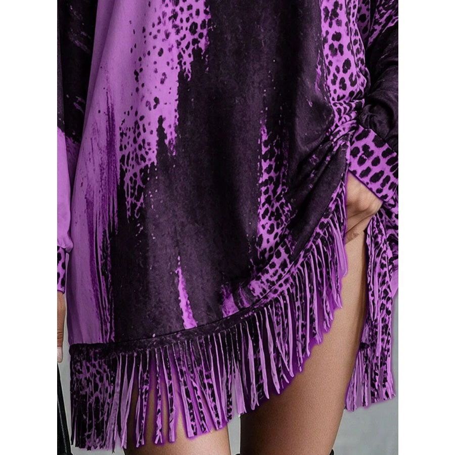 Leopard Print Mock Neck Fringe Hem Mini Dress Apparel and Accessories