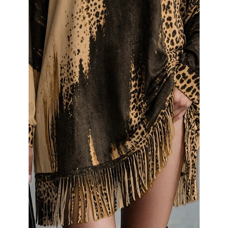 Leopard Print Mock Neck Fringe Hem Mini Dress Apparel and Accessories