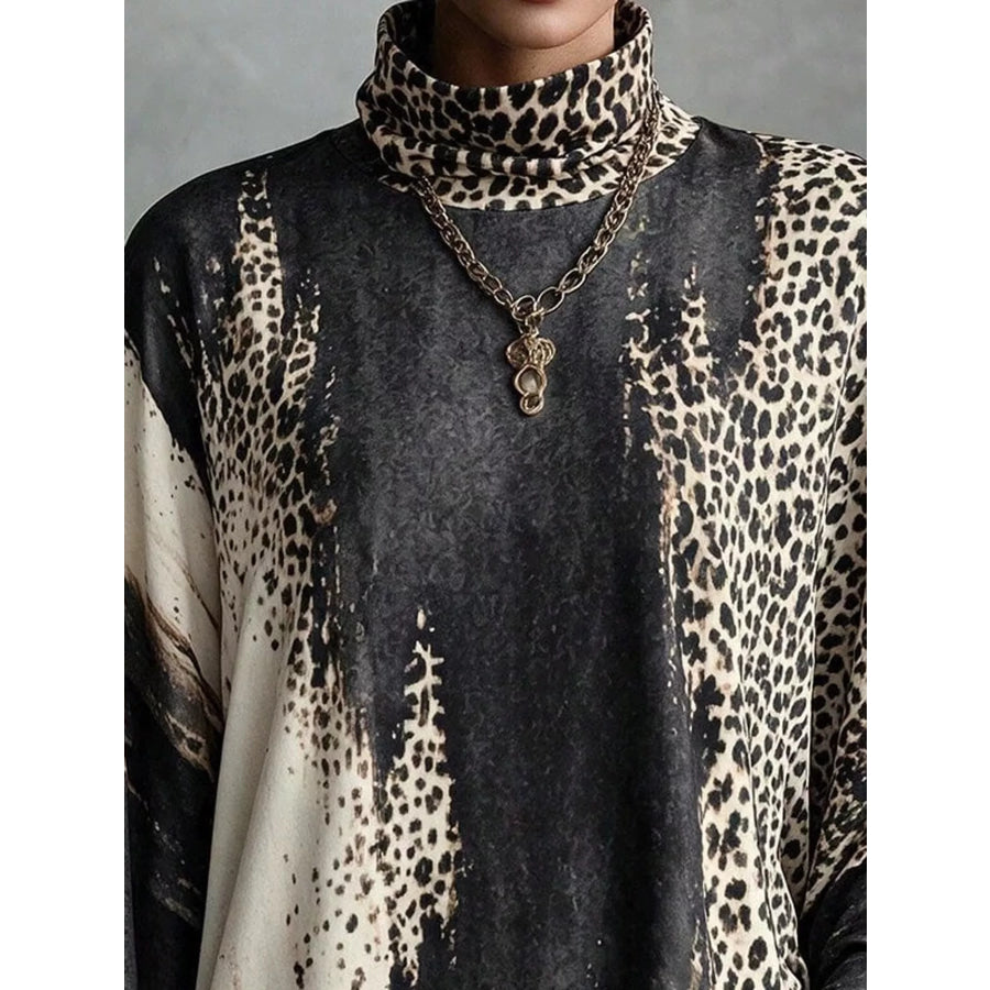 Leopard Print Mock Neck Fringe Hem Mini Dress Apparel and Accessories