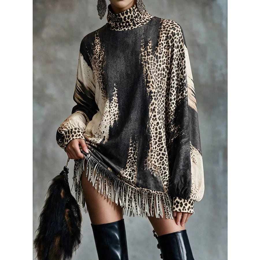 Leopard Print Mock Neck Fringe Hem Mini Dress Apparel and Accessories