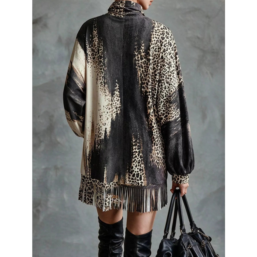 Leopard Print Mock Neck Fringe Hem Mini Dress Apparel and Accessories