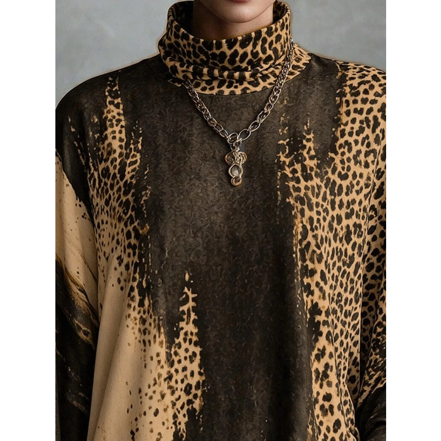Leopard Print Mock Neck Fringe Hem Mini Dress Apparel and Accessories
