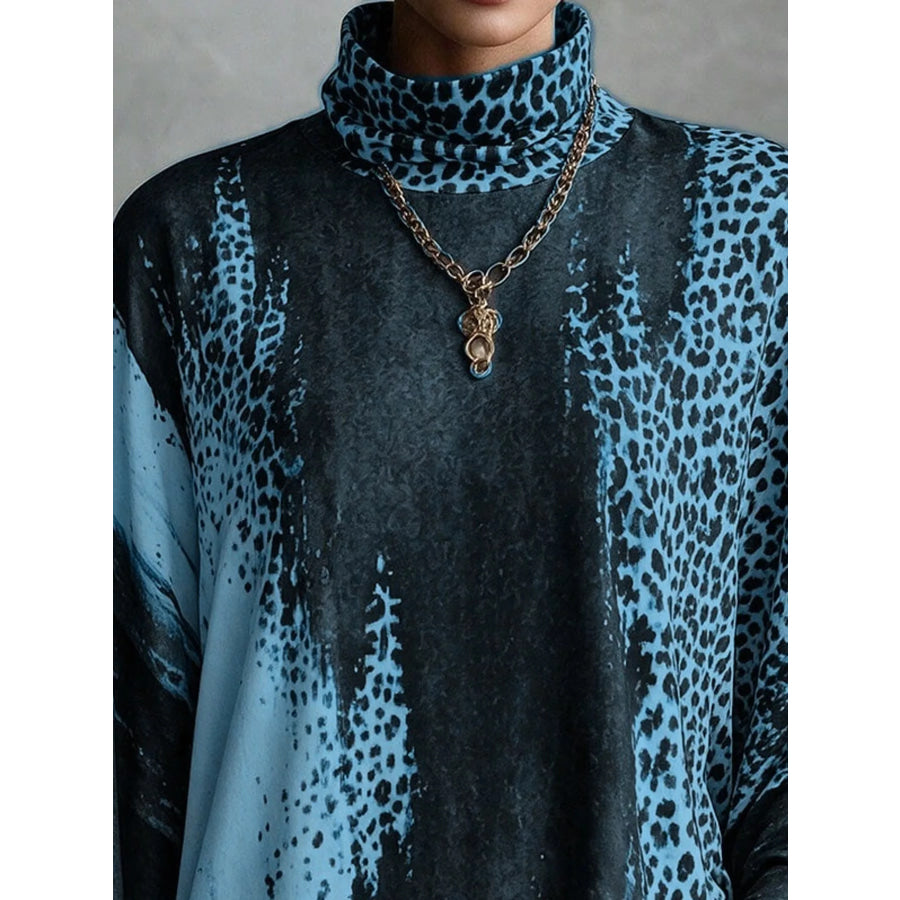 Leopard Print Mock Neck Fringe Hem Mini Dress Apparel and Accessories