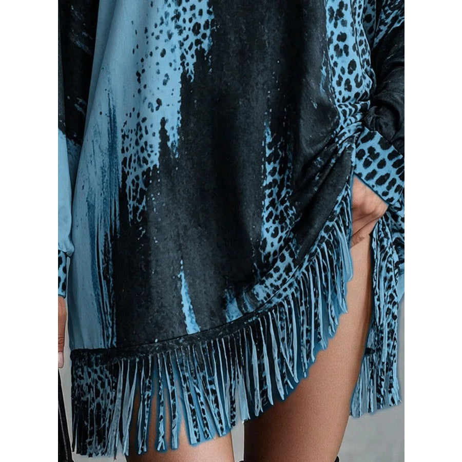 Leopard Print Mock Neck Fringe Hem Mini Dress Apparel and Accessories