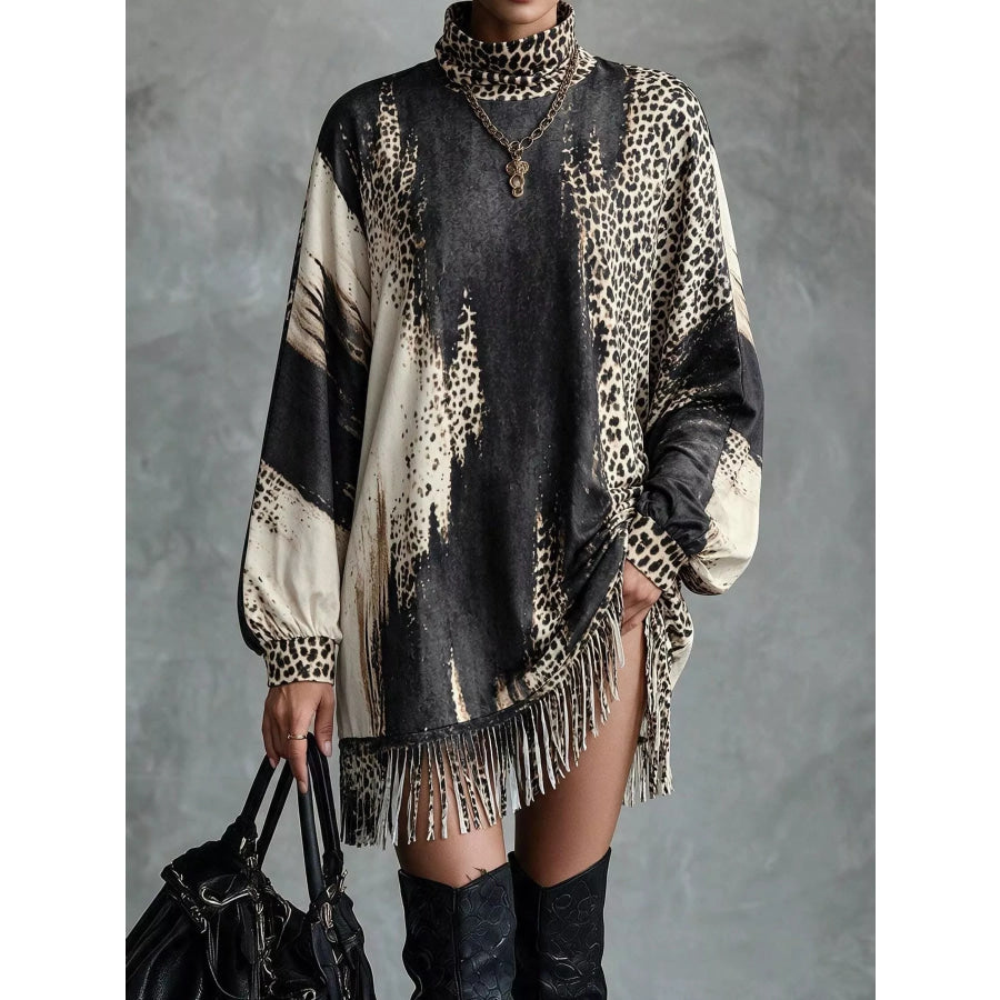 Leopard Print Mock Neck Fringe Hem Mini Dress Black / XS Apparel and Accessories