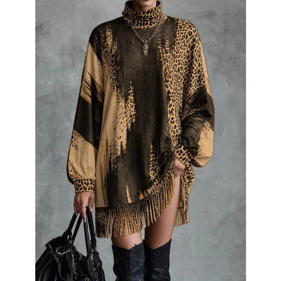 Leopard Print Mock Neck Fringe Hem Mini Dress Nude / XS Apparel and Accessories