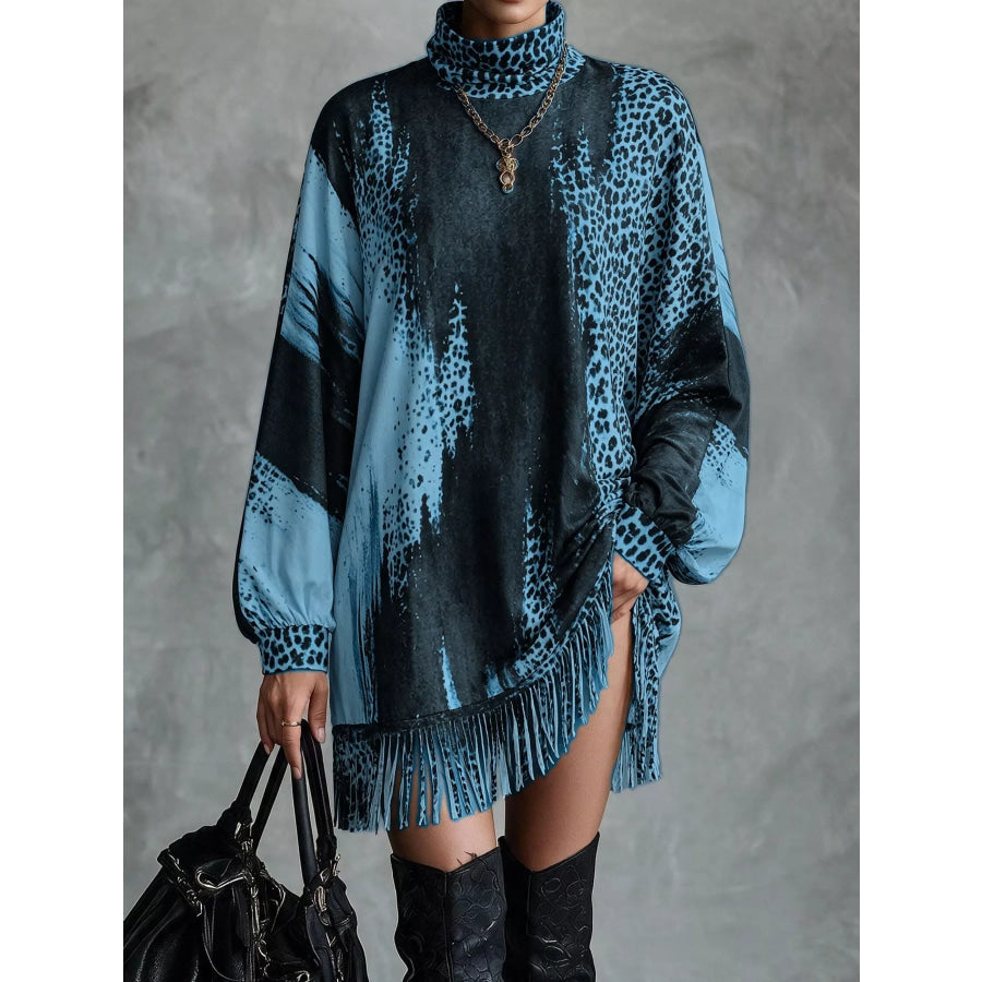 Leopard Print Mock Neck Fringe Hem Mini Dress Peacock Green / XS Apparel and Accessories