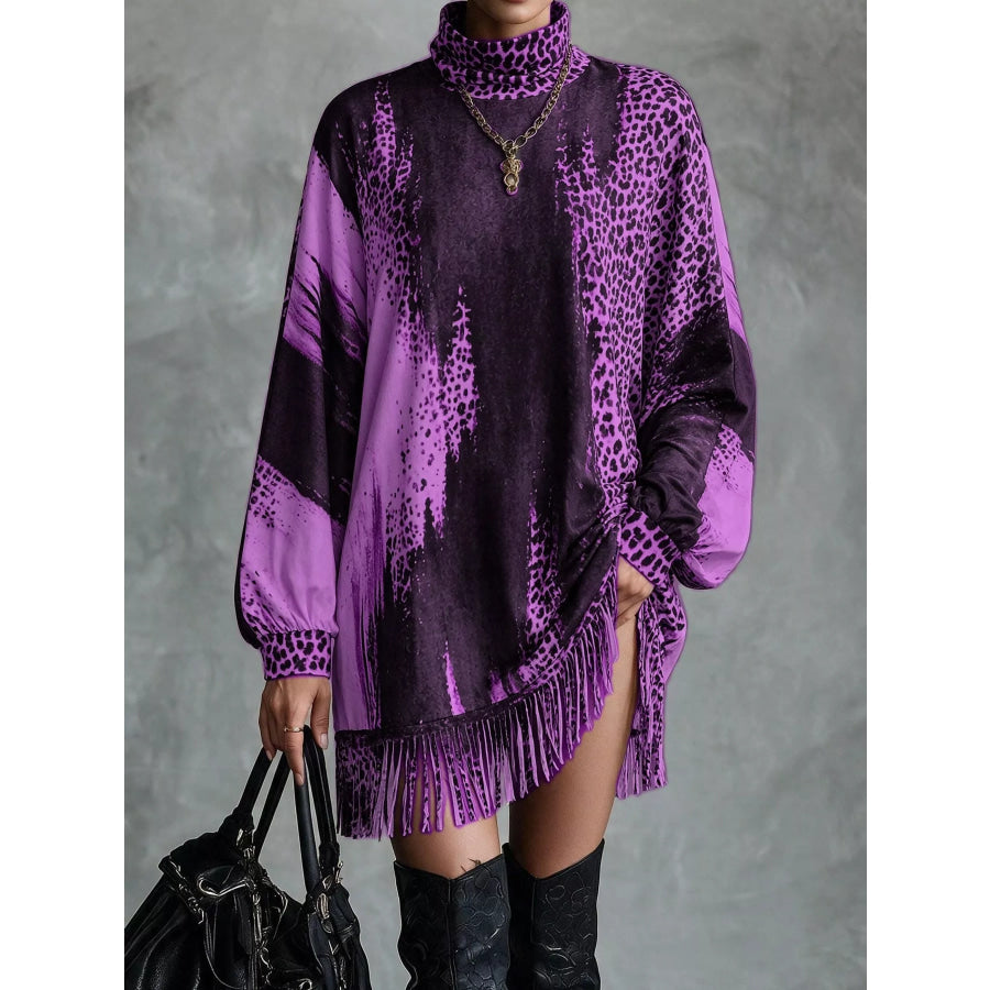 Leopard Print Mock Neck Fringe Hem Mini Dress Purple / XS Apparel and Accessories