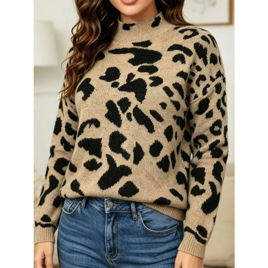 Leopard Print Mock Neck Knit Sweater Apparel and Accessories