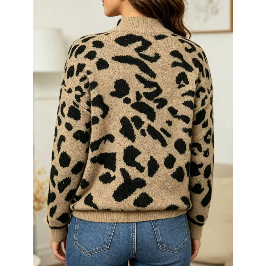 Leopard Print Mock Neck Knit Sweater Apparel and Accessories