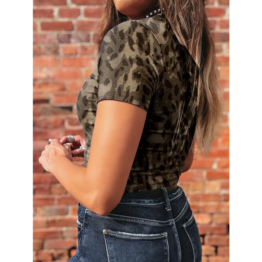 Leopard Print Mock Neck Slim Tee Apparel and Accessories