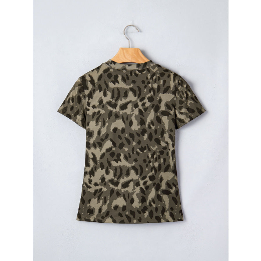 Leopard Print Mock Neck Slim Tee Apparel and Accessories