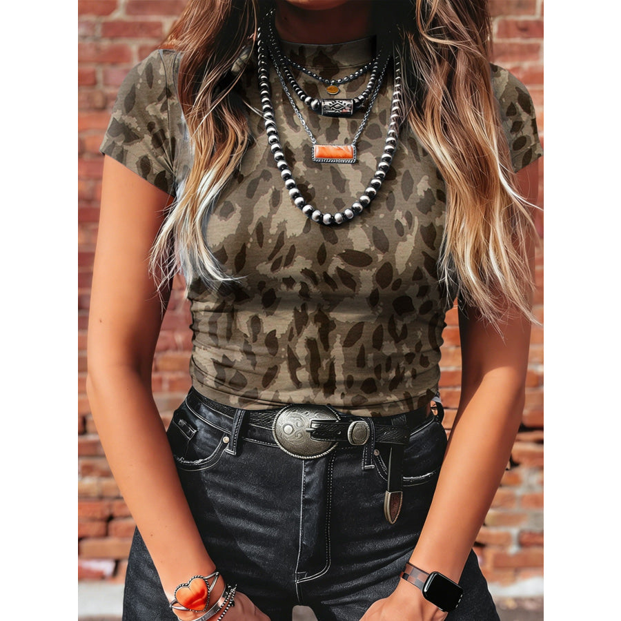 Leopard Print Mock Neck Slim Tee Green Camouflage / S Apparel and Accessories