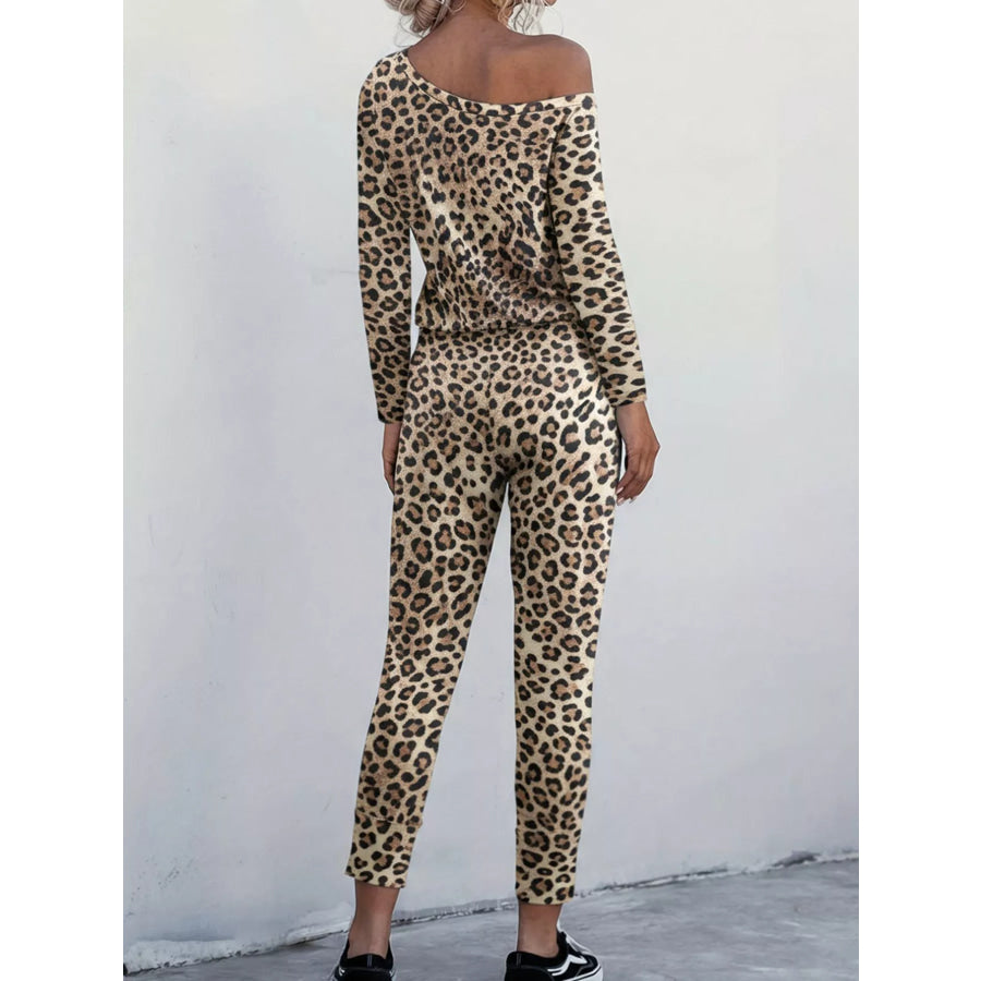 Leopard Print One-Shoulder Top and Pants Set Apparel Accessories
