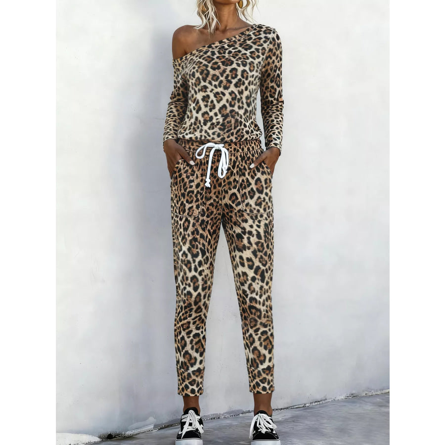 Leopard Print One-Shoulder Top and Pants Set Apparel Accessories
