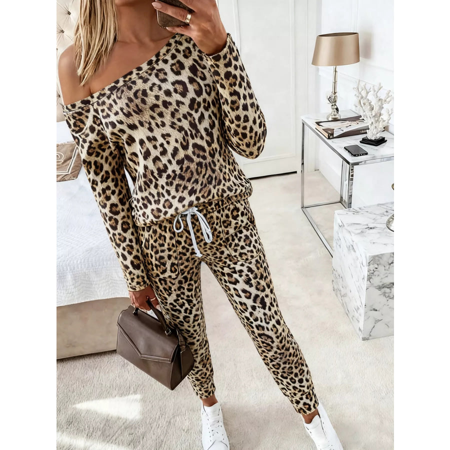 Leopard Print One-Shoulder Top and Pants Set / S Apparel Accessories