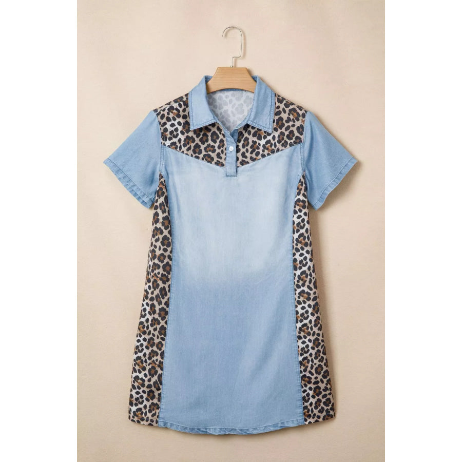 Leopard Print Panel Short Sleeve Dress Apparel and Accessories