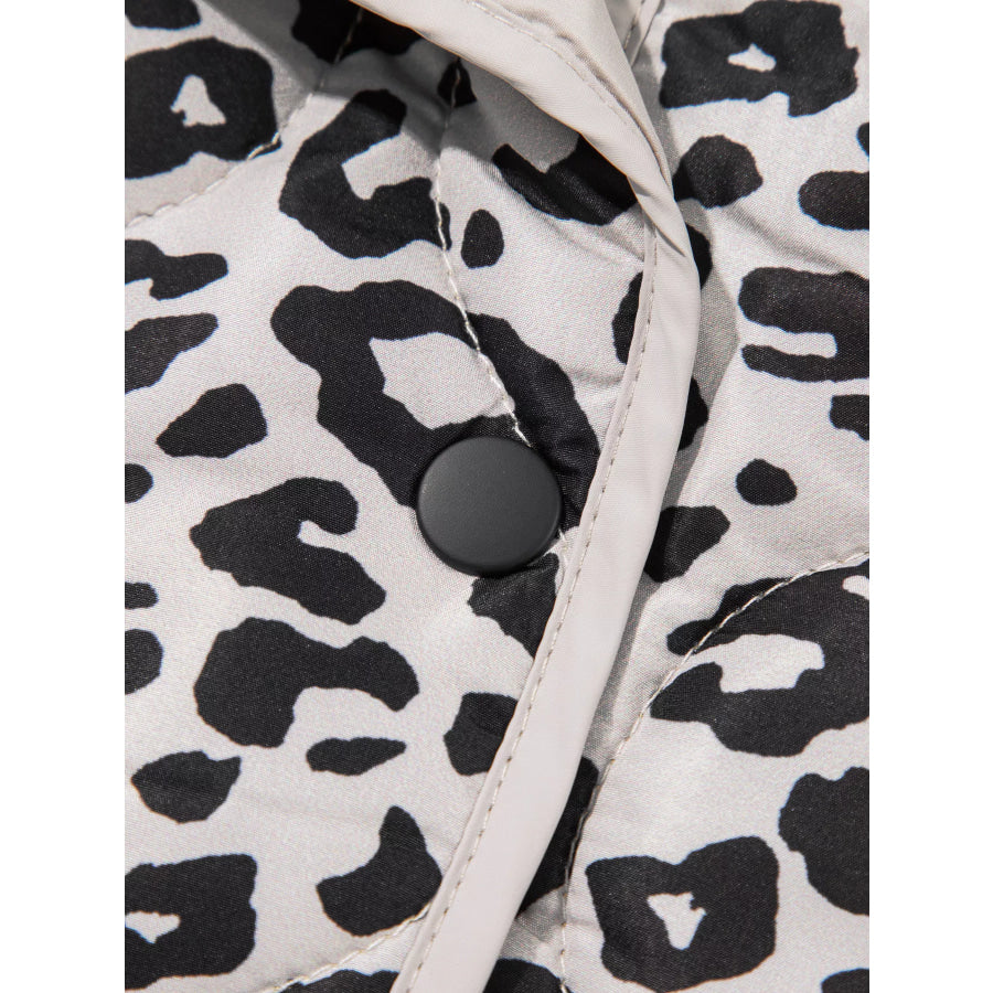 Leopard Print Patch Pockets Binding Tape Long Sleeve Regular Fit Jacket Apparel and Accessories