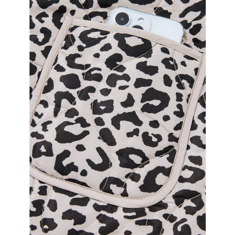 Leopard Print Patch Pockets Binding Tape Long Sleeve Regular Fit Jacket Apparel and Accessories