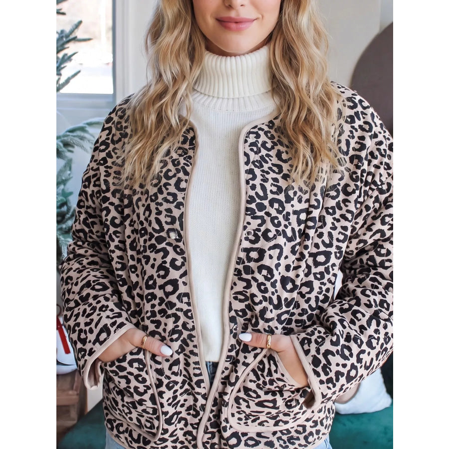 Leopard Print Patch Pockets Binding Tape Long Sleeve Regular Fit Jacket Apparel and Accessories