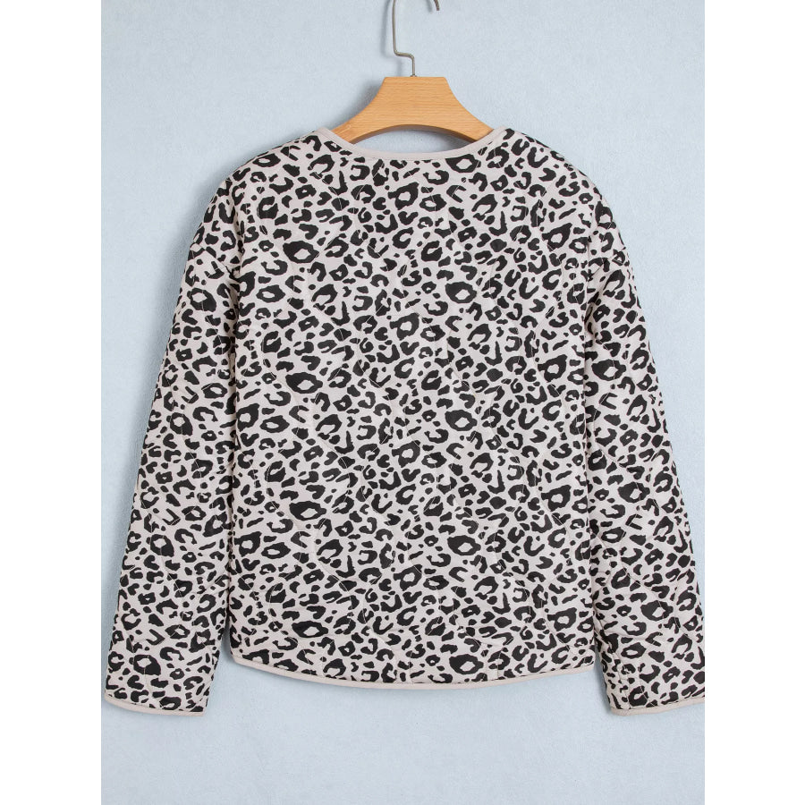 Leopard Print Patch Pockets Binding Tape Long Sleeve Regular Fit Jacket Apparel and Accessories