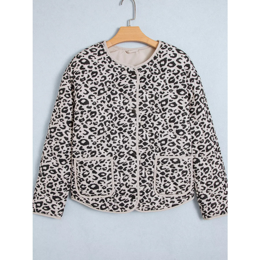 Leopard Print Patch Pockets Binding Tape Long Sleeve Regular Fit Jacket Apparel and Accessories