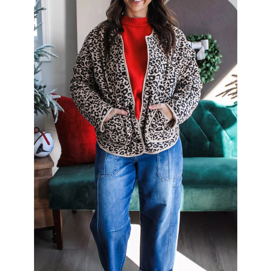 Leopard Print Patch Pockets Binding Tape Long Sleeve Regular Fit Jacket Apparel and Accessories