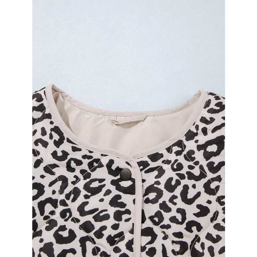 Leopard Print Patch Pockets Binding Tape Long Sleeve Regular Fit Jacket Apparel and Accessories