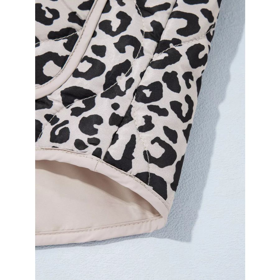 Leopard Print Patch Pockets Binding Tape Long Sleeve Regular Fit Jacket Apparel and Accessories