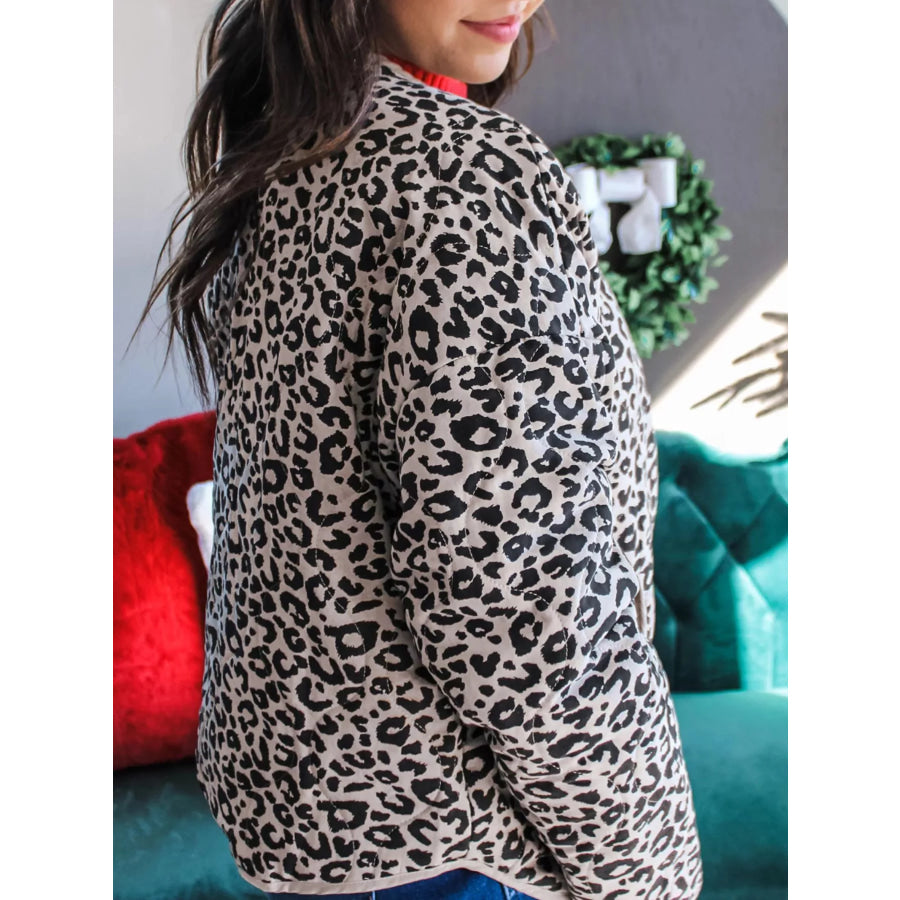Leopard Print Patch Pockets Binding Tape Long Sleeve Regular Fit Jacket Apparel and Accessories