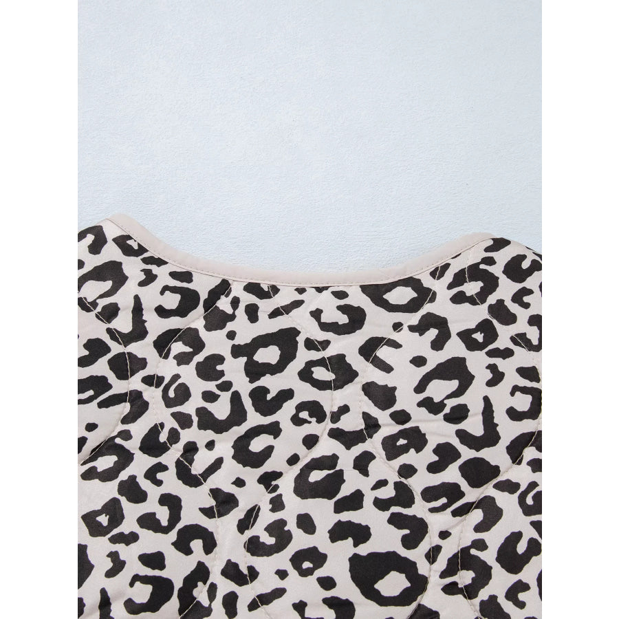 Leopard Print Patch Pockets Binding Tape Long Sleeve Regular Fit Jacket Apparel and Accessories