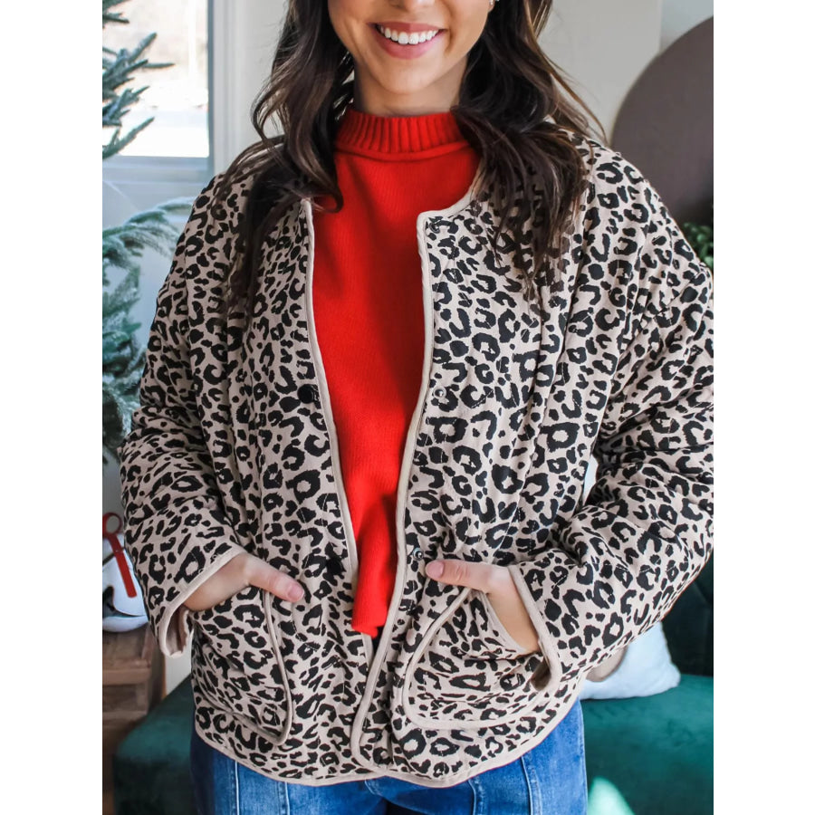 Leopard Print Patch Pockets Binding Tape Long Sleeve Regular Fit Jacket / S Apparel and Accessories