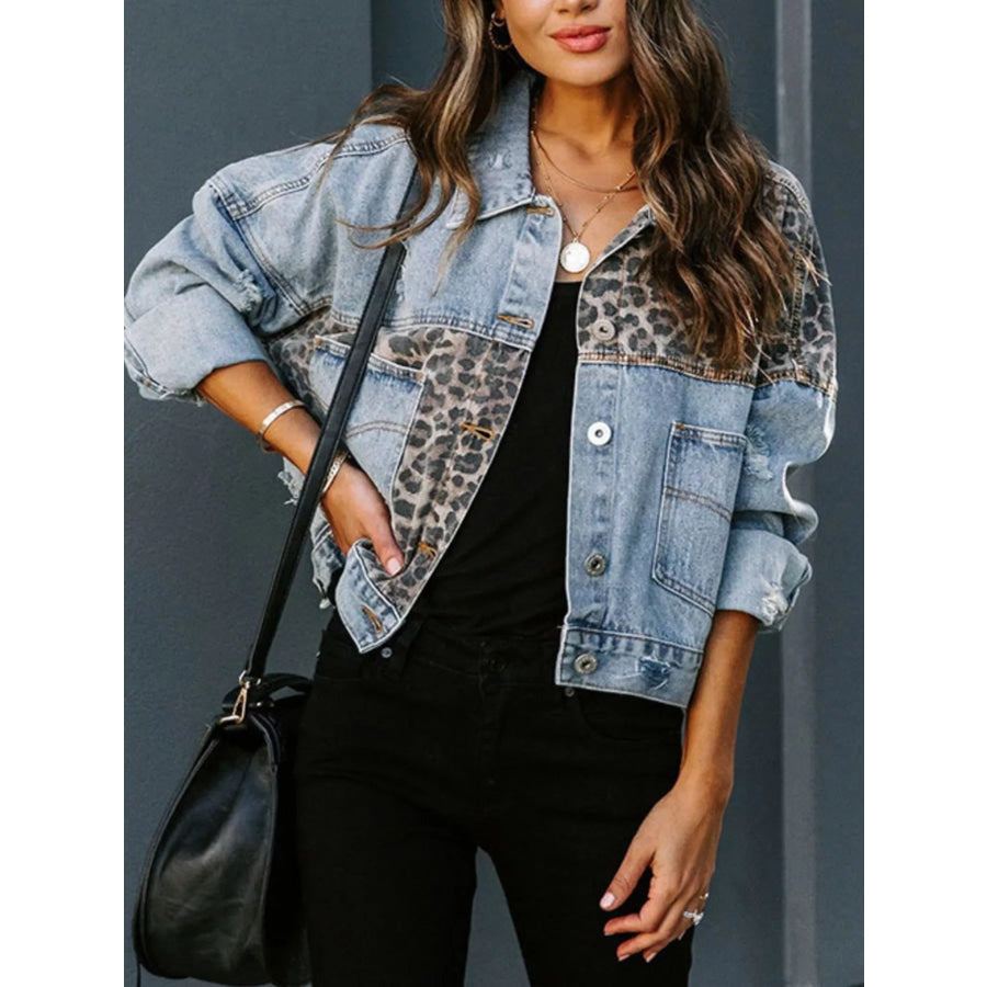 Leopard Print Patchwork Denim Jacket Apparel and Accessories