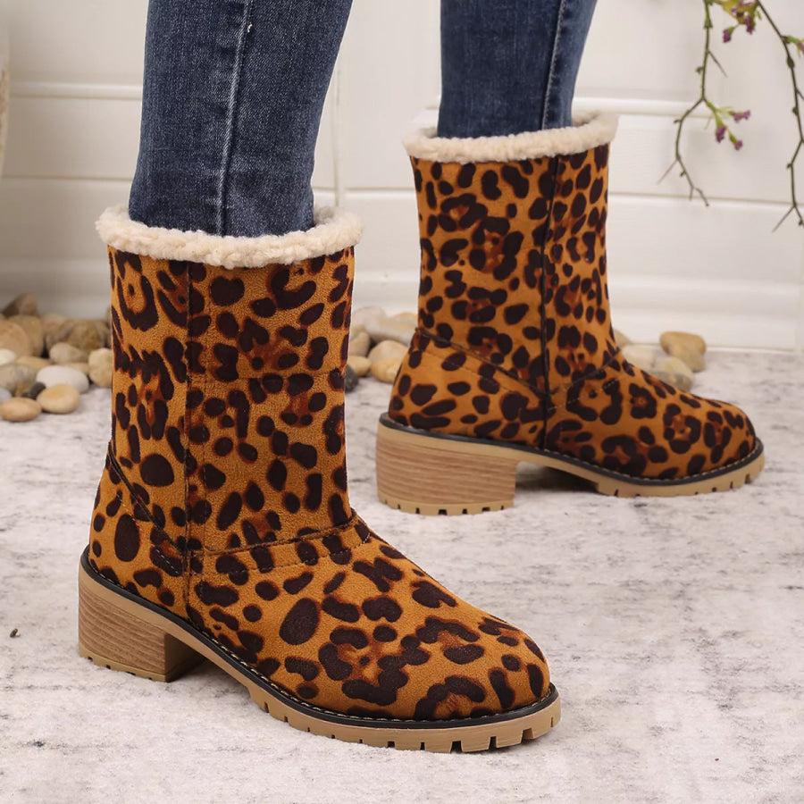 Leopard Print Plush Lined Boots Apparel and Accessories