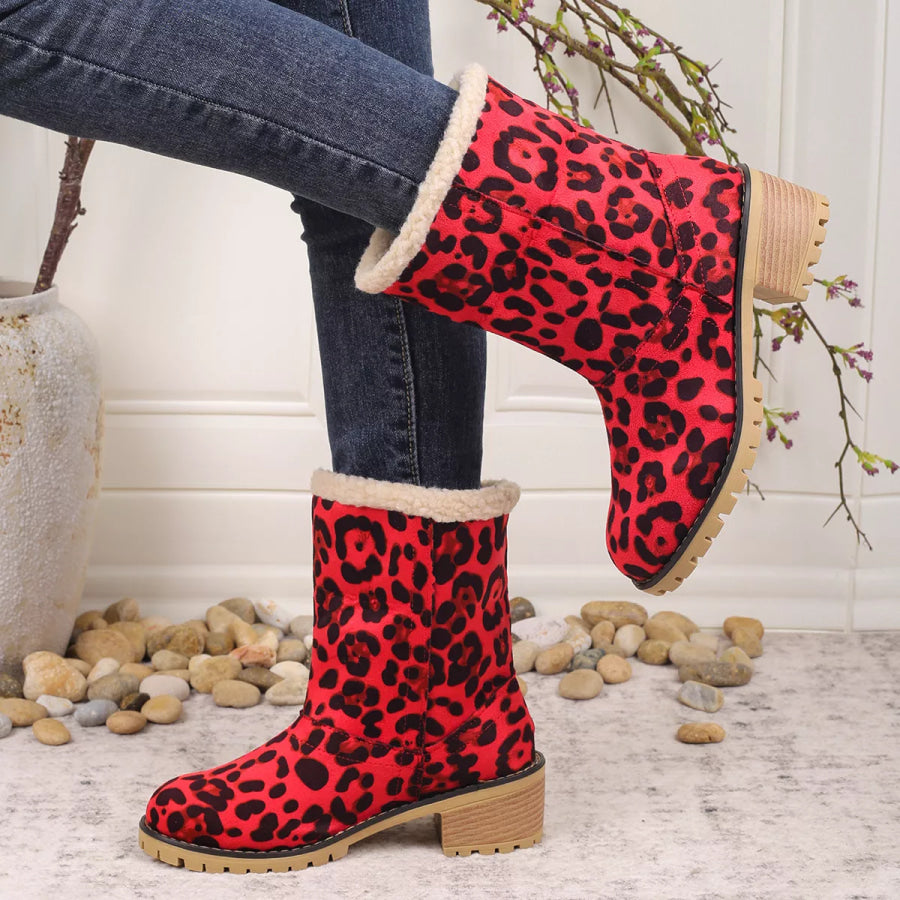 Leopard Print Plush Lined Boots Red Leopard Print / 36 Apparel and Accessories