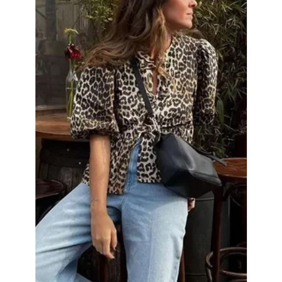 Leopard Print Puff Sleeve Blouse Apparel and Accessories