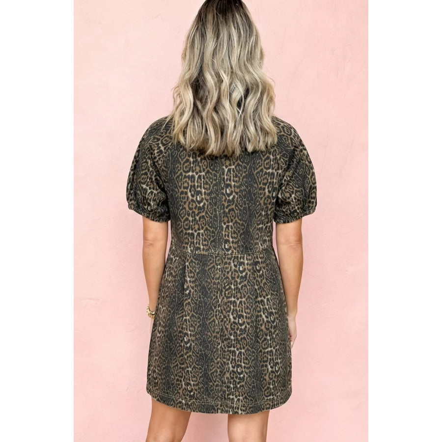 Leopard Print Puff Sleeve Denim Dress Leopard / S Apparel and Accessories
