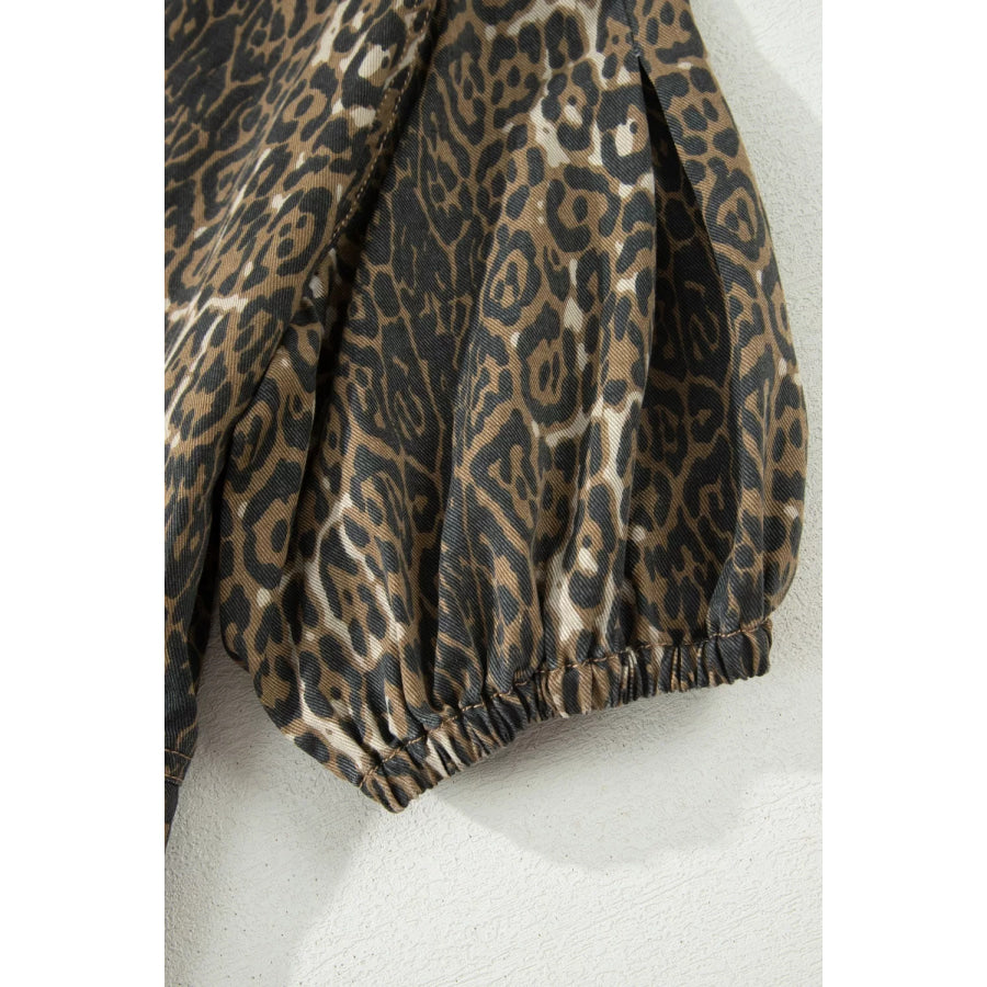 Leopard Print Puff Sleeve Denim Dress Apparel and Accessories