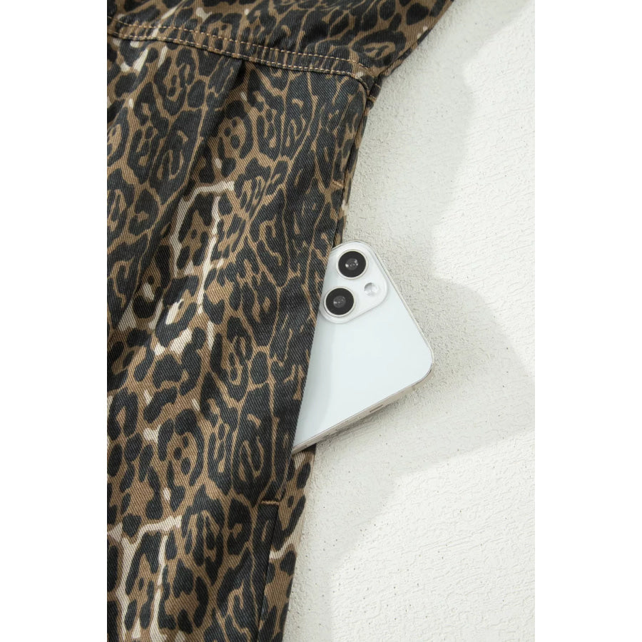 Leopard Print Puff Sleeve Denim Dress Apparel and Accessories