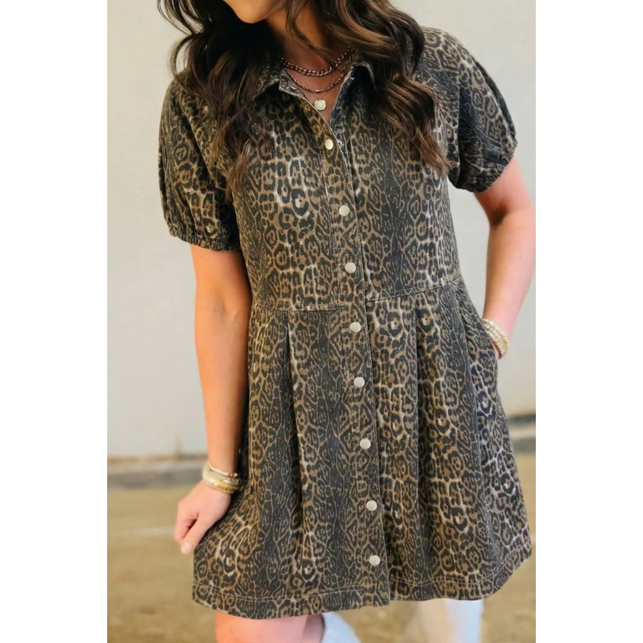 Leopard Print Puff Sleeve Denim Dress Leopard / S Apparel and Accessories