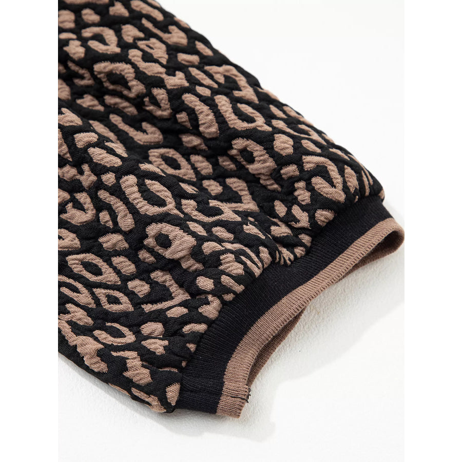Leopard Print Puffy Bracelet Sleeve Contrast Trim Round Neck Top Apparel and Accessories